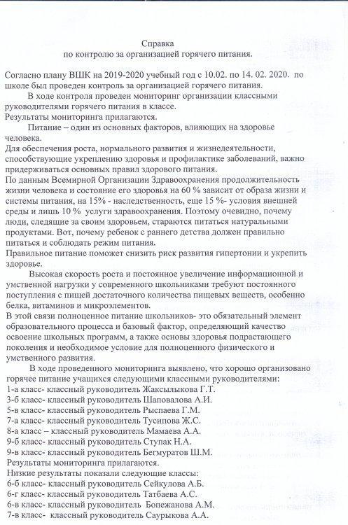Справка по проведению контроля за организацией горячего питания