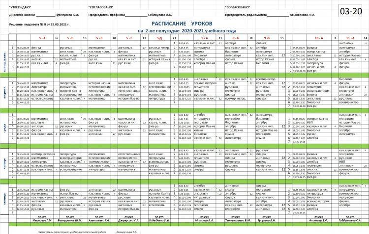 Расписание уроков на 2-ое  полугодие 2020-2021 учебного года 1-смена