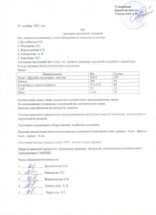 Акт проверки школьной столовой