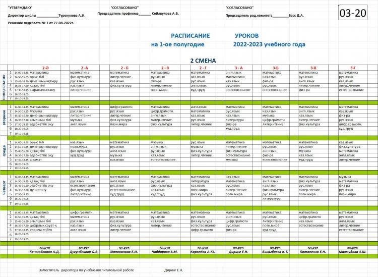 Расписание уроков начальных классов на 1-ое полугодие 2022-2023 учебного года 2-смена