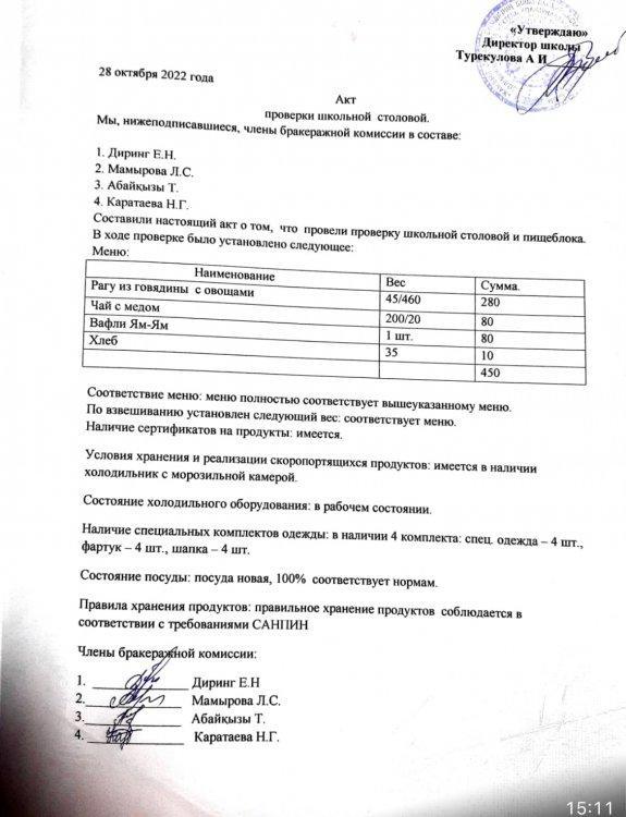 Акт  акт проверки школьной столовой