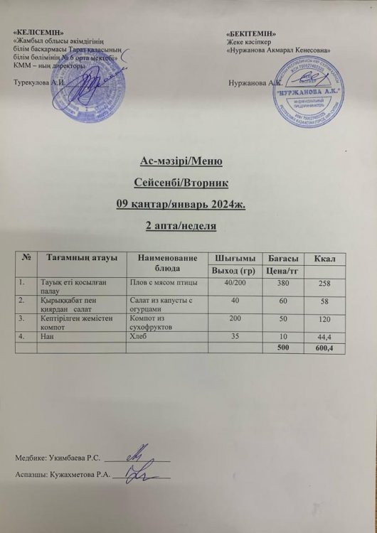 Ас мәзірі/Меню