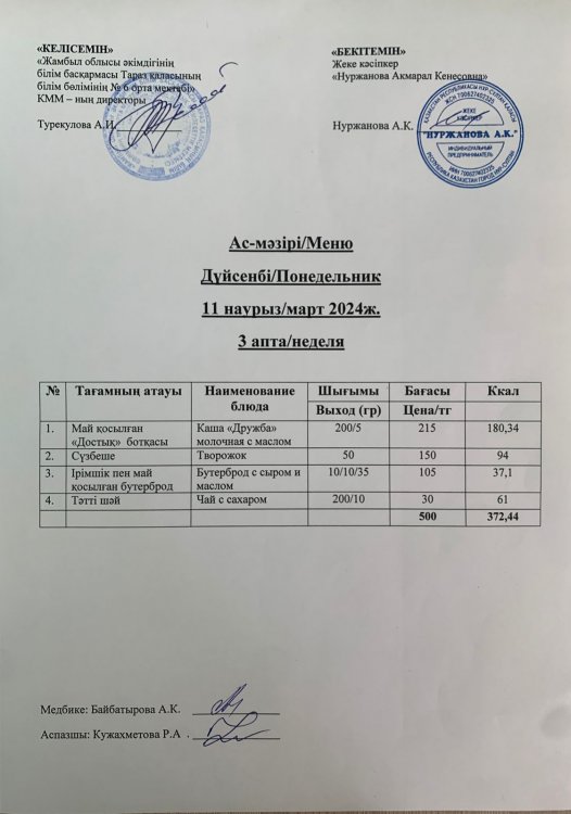 Ас мәзірі/Меню