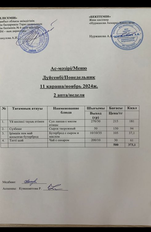 Ас мәзірі/Меню