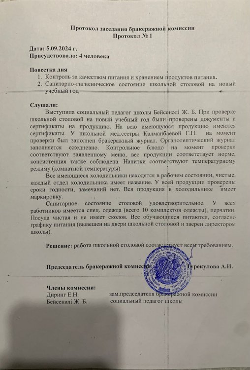 Протокол заседания бракеражной комиссии Протокол №1