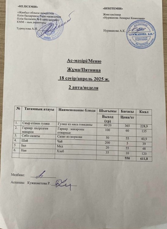 Ас мәзірі/Меню