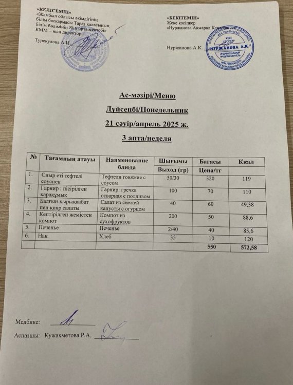 Ас мәзірі/Меню