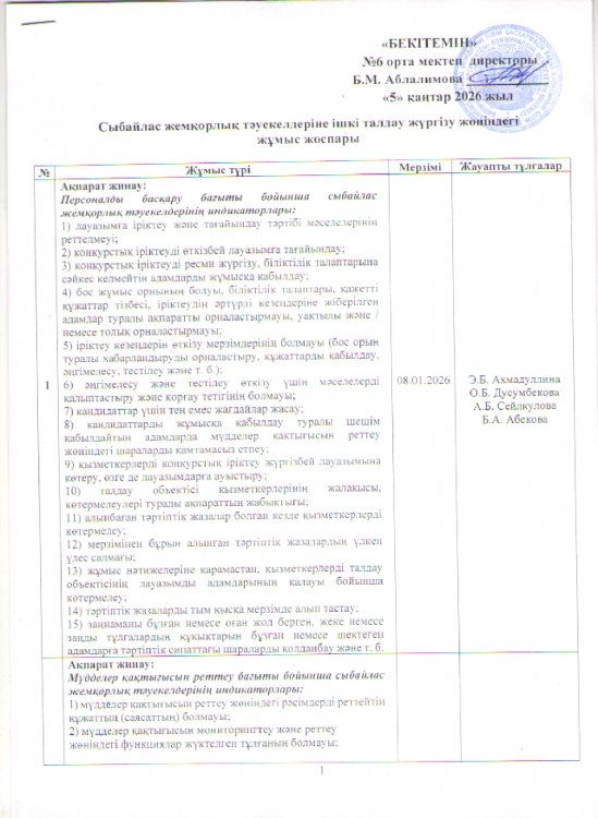 Сыбайлас жемқорлық тәуекелдеріне ішкі талдау жүргізу жөніндегі  жұмыс жоспары
