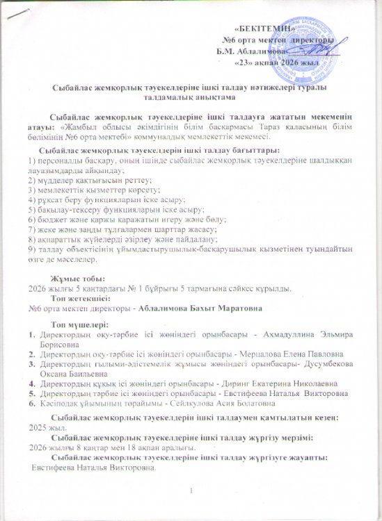 Сыбайлас жемқорлық тәуекелдеріне ішкі талдау нәтижелері туралы талдамалық анықтама