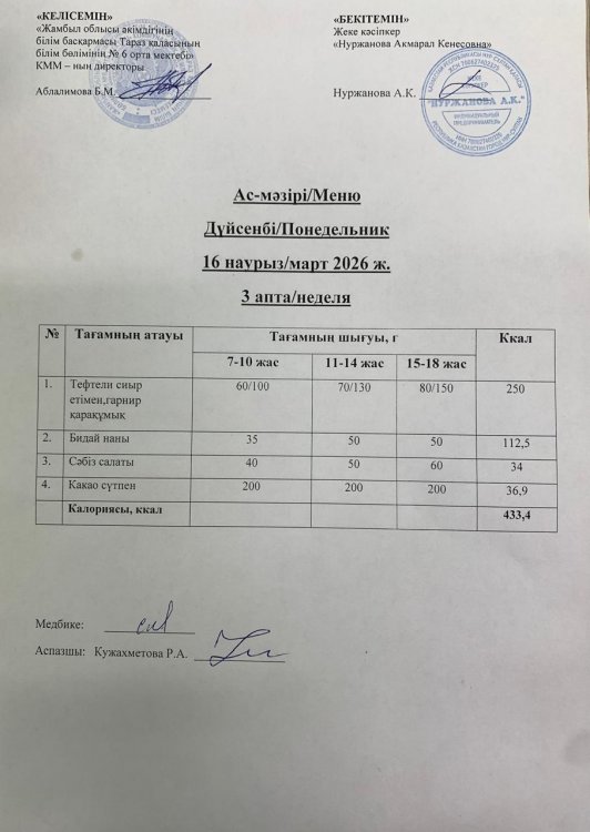 Ас мәзірі/Меню