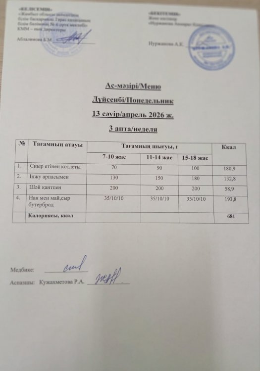 Ас мәзірі/Меню